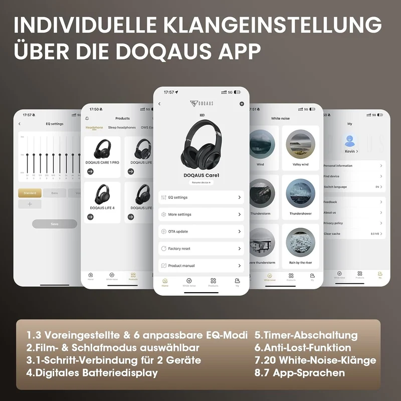 DOQAUS Bluetooth Kopfhörer Over Ear, [Bis zu 90 Std] Kopfhörer Kabellos mit 3 EQ-Modi, Dual 40mm Tre