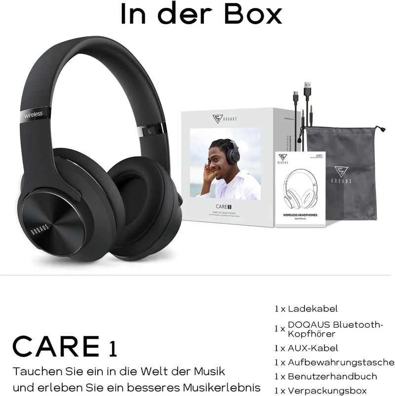 DOQAUS Bluetooth Kopfhörer Over Ear, [Bis zu 90 Std] Kopfhörer Kabellos mit 3 EQ-Modi, Dual 40mm Tre