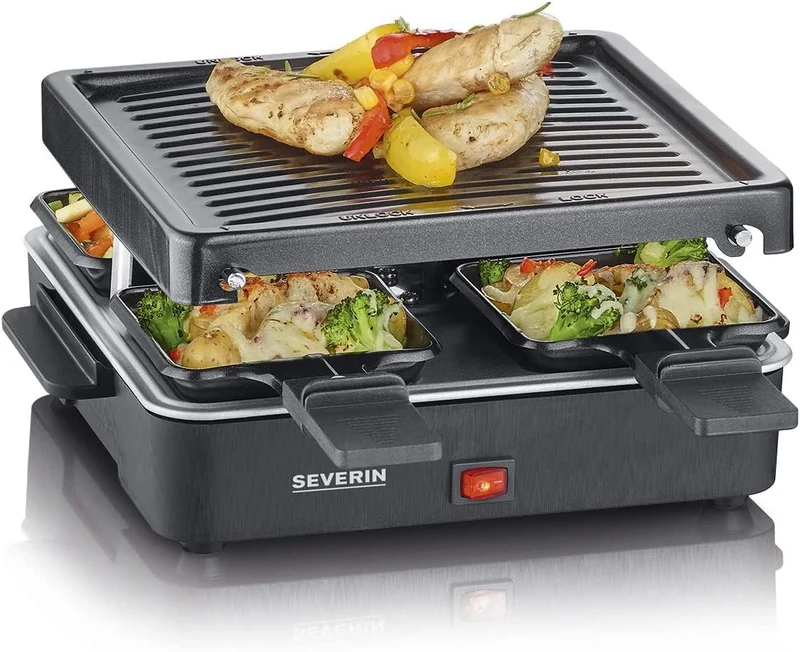 SEVERIN Mini Raclette-Grill, kleines Raclette mit antihaftbeschichteter Grillplatte und 4 Raclette P