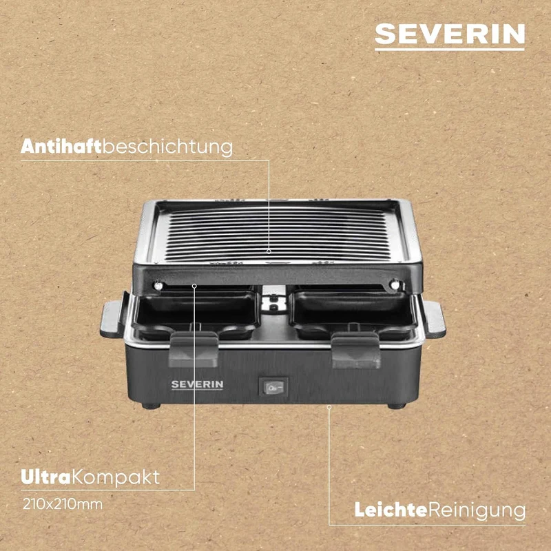 SEVERIN Mini Raclette-Grill, kleines Raclette mit antihaftbeschichteter Grillplatte und 4 Raclette P