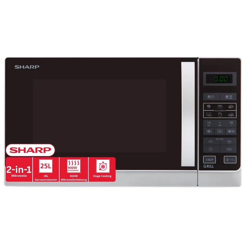 Sharp R742INW 2-in-1 Mikrowelle mit Grill / 25 L / 900 W / 1000 W Grill / LED-Display / 8 Automatikp