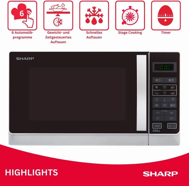 Sharp R742INW 2-in-1 Mikrowelle mit Grill / 25 L / 900 W / 1000 W Grill / LED-Display / 8 Automatikp