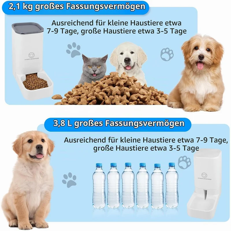 Dreamhigh® Automatischer Futterspender Katze, 2.1kg Futterautomat Katze und 3.8L Wasserspender Hund,