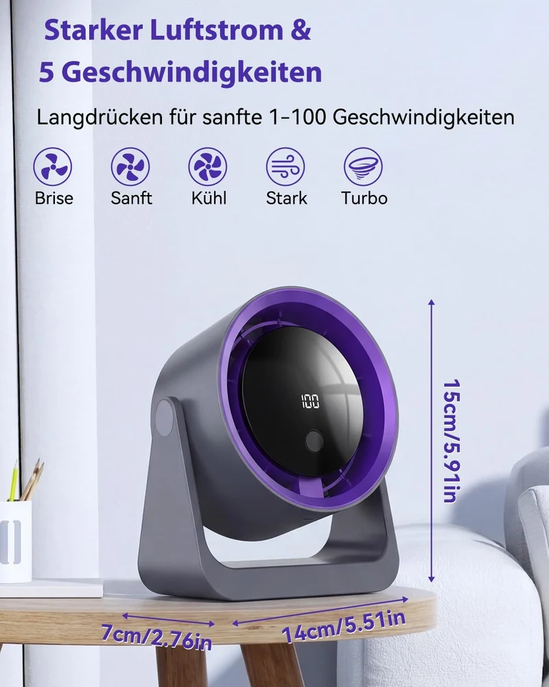 Timiyou Tischventilator Leise mit LED-Anzeige, 100 Geschwindigkeitsstufen, USB-Aufladbar & Tragbar –