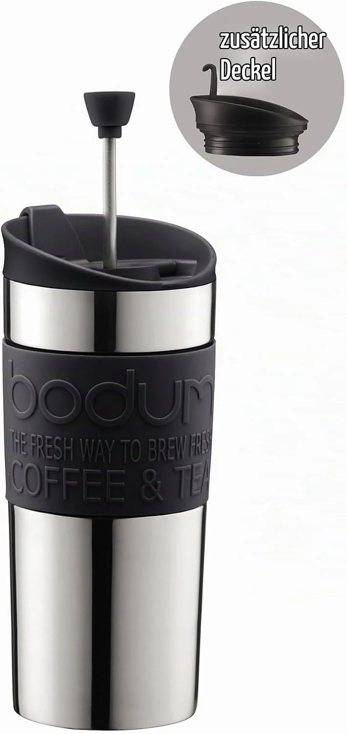 Bodum K11067-01 Travel Press Kaffeebereiter aus Edelstahl in schwarz mit Ersatzdeckel, 350 ml Schwar