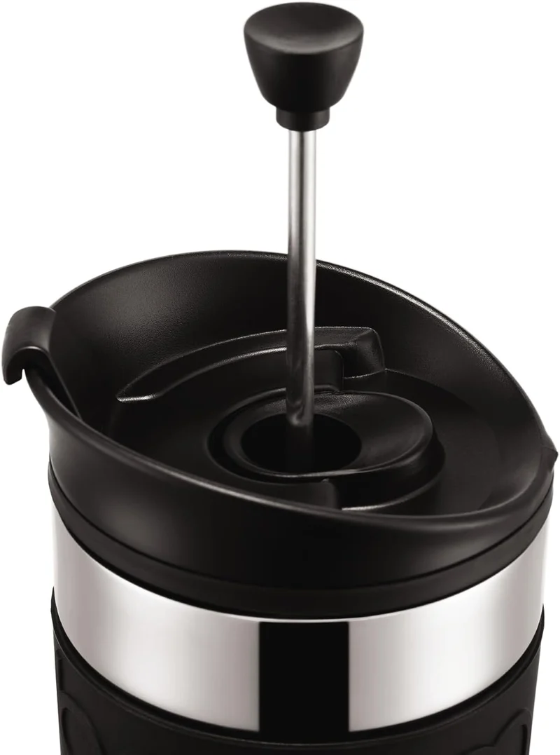 Bodum K11067-01 Travel Press Kaffeebereiter aus Edelstahl in schwarz mit Ersatzdeckel, 350 ml Schwar