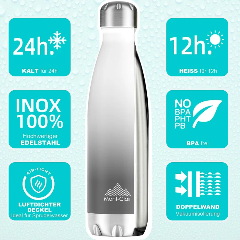 Mont-Clair Trinkflasche Edelstahl - Thermosflasche - BPA-freie - Water Bottle, Edelstahl trinkflasch