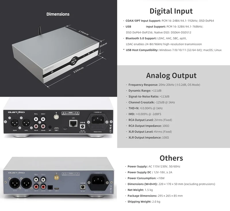 Gustard Audalytic DR70 R2R-DAC – Nativ 1-Bit-DSD, DSD512, PCM 768 kHz, vollständig diskreter, symmet