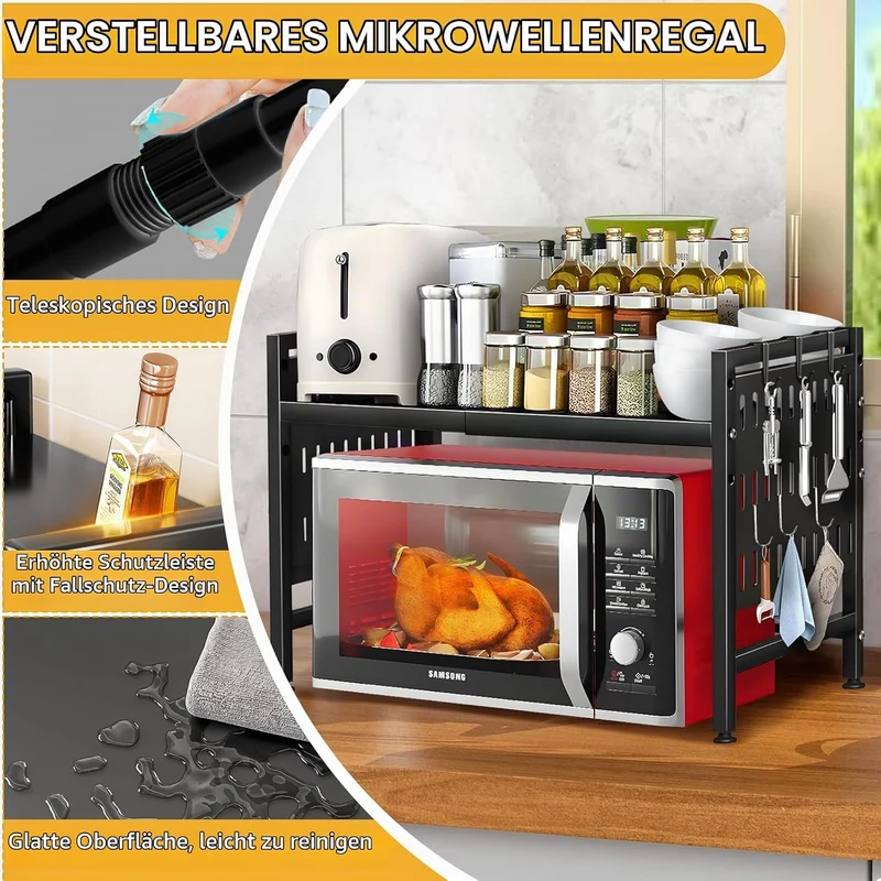 ZLPBAO 2-stufiges Erweiterbares Mikrowellen Regal, Verstellbares Mikrowellenregal mit Messerhalter 6