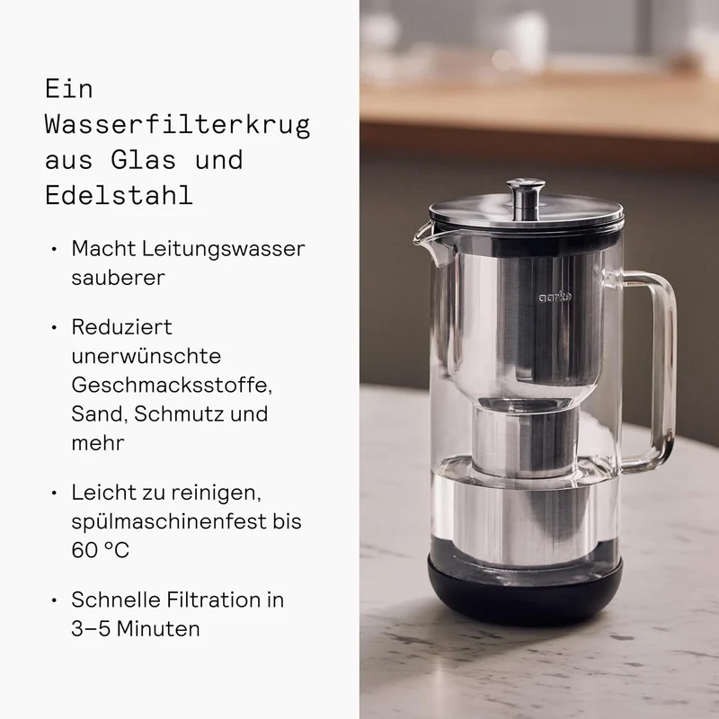 Aarke Purifier, Wasserfilterkaraffe aus Glas und Edelstahl, 2.4L, Aarke Pure Filter Nachfüllbeutel s