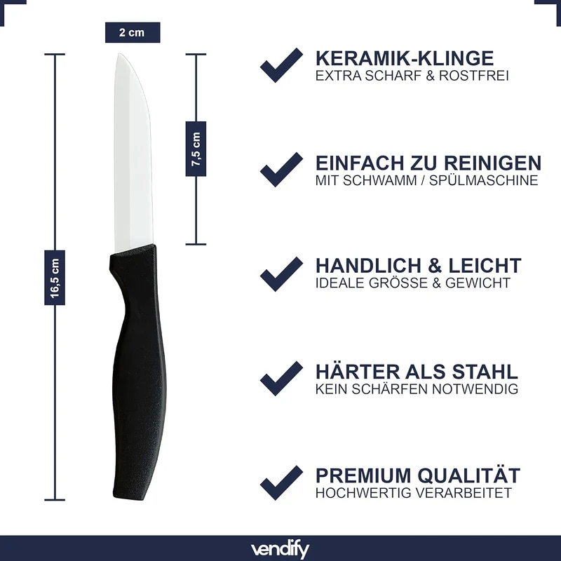 vendify® Keramikmesser 5er-Set Hochwertig sehr scharf - 16,5 cm lang - Küchenmesser mit Keramikkling