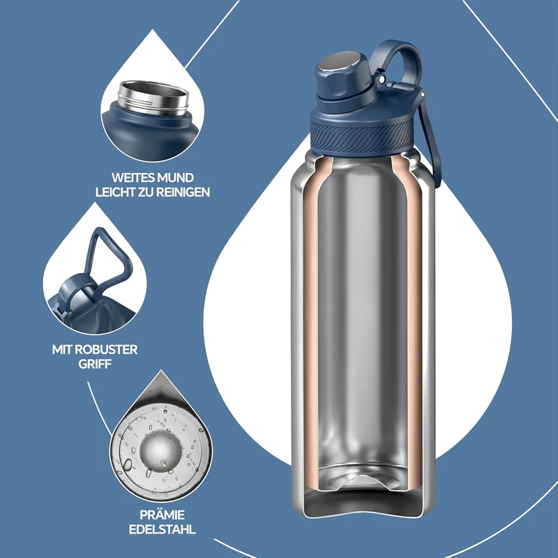IDEUS Vakuumisolierte Wasserflasche, 40oz (1140 ml) Edelstahl Doppelwand Flasche Metall Sport Kantin