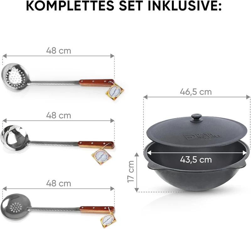 Utschak Feuerofen Ø 44cm mit Usbekisch Kazan Gusseisen 16L | Ablage Räder Adapter-Ring Schaumlöffel