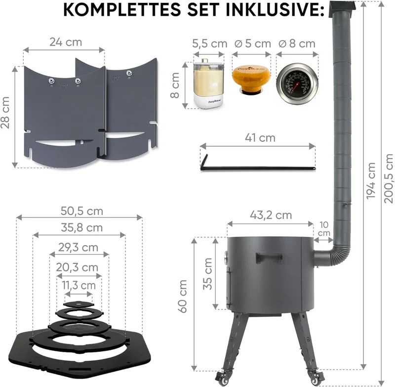 Utschak Feuerofen Ø 44cm mit Usbekisch Kazan Gusseisen 16L | Ablage Räder Adapter-Ring Schaumlöffel