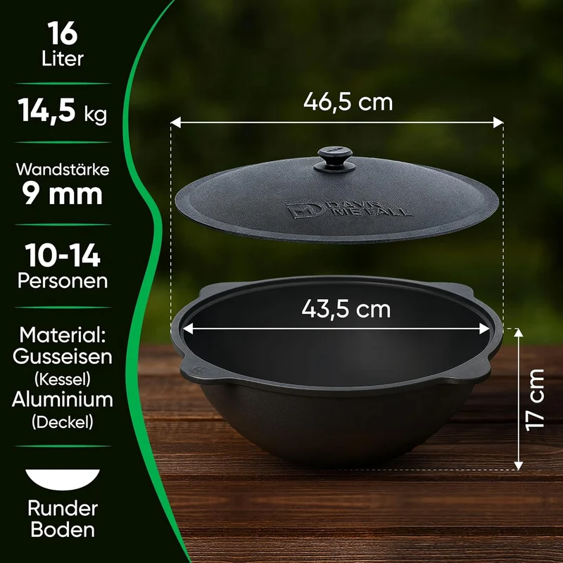 Utschak Feuerofen Ø 44cm mit Usbekisch Kazan Gusseisen 16L | Ablage Räder Adapter-Ring Schaumlöffel