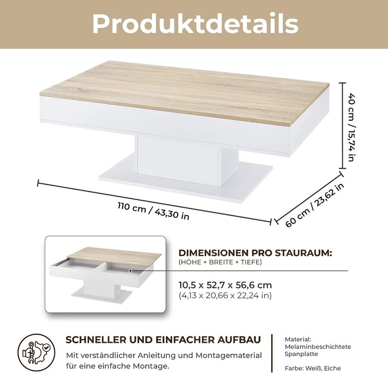 [en.casa] Couchtisch mit 2 Staufächern unter Schiebeplatte Wohnzimmertisch mit Truhefunktion Kaffeet