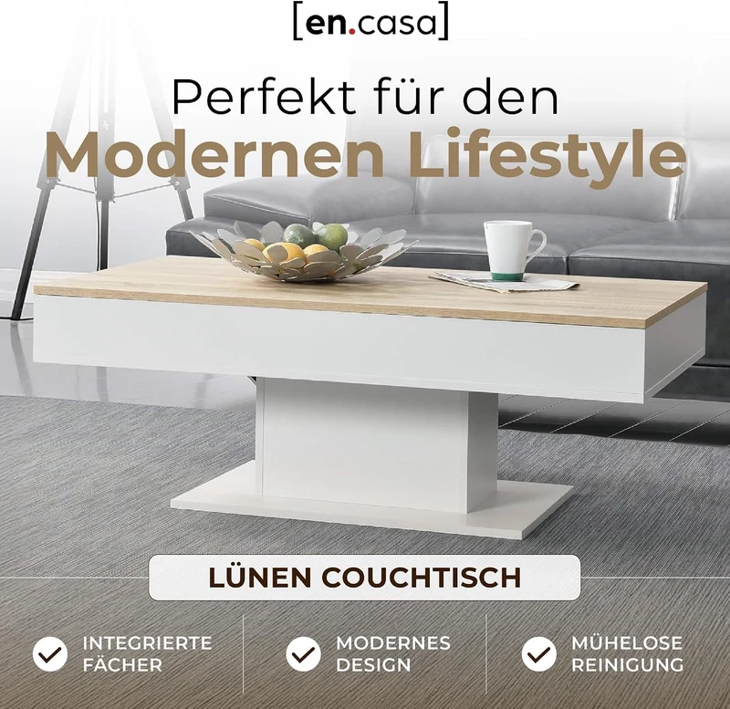 [en.casa] Couchtisch mit 2 Staufächern unter Schiebeplatte Wohnzimmertisch mit Truhefunktion Kaffeet