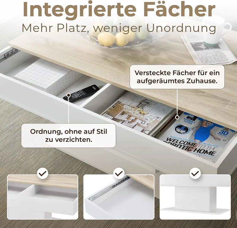 [en.casa] Couchtisch mit 2 Staufächern unter Schiebeplatte Wohnzimmertisch mit Truhefunktion Kaffeet