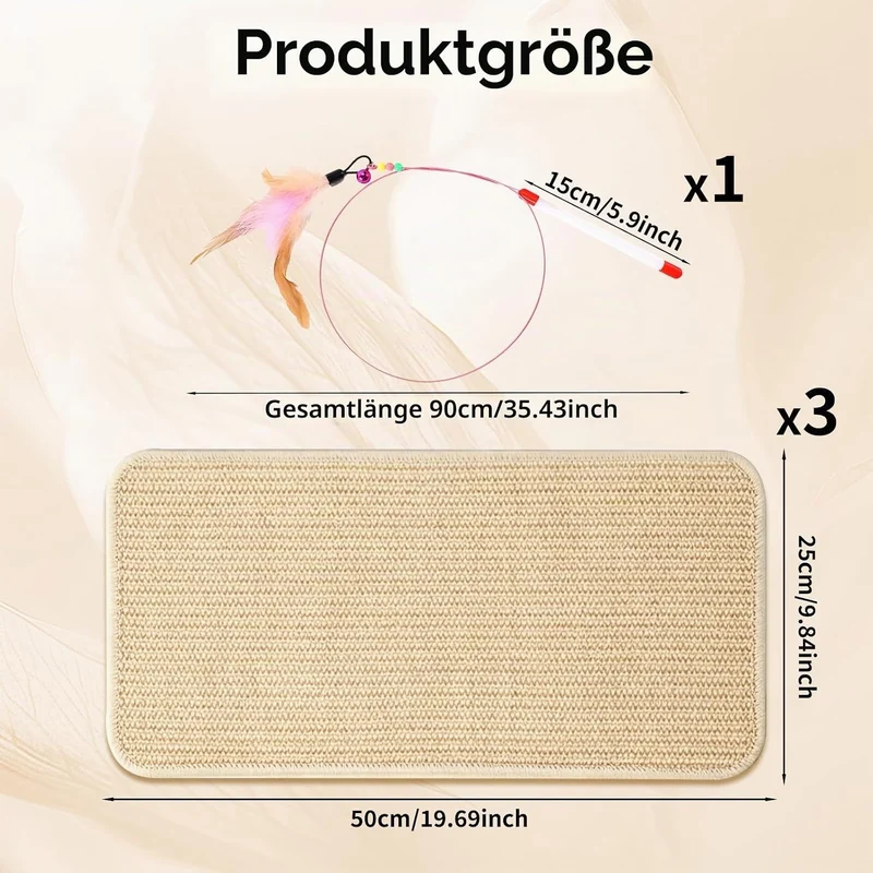3 Stück Kratzmatte Katze, Kratzbretter Katze Sisal, 50x25cm mit Katzen Spielzeug, Katzen Kratzbrett,