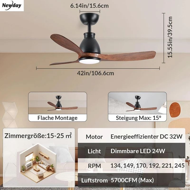 Newday Deckenventilator Holzfarbe mit Licht, 106cm Deckenventilatoren mit Fernbedienung Leise, Venti
