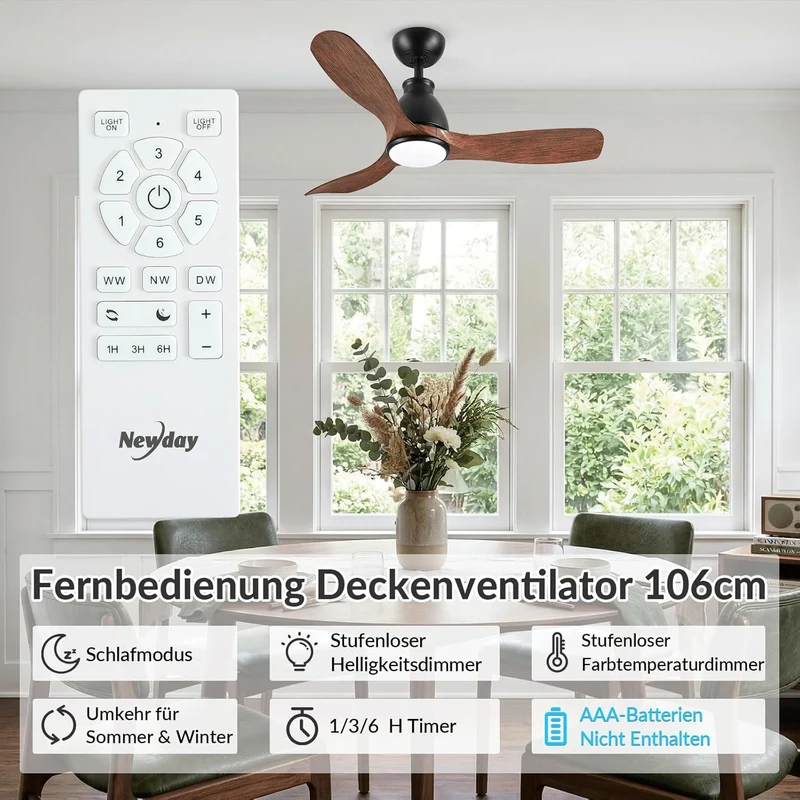 Newday Deckenventilator Holzfarbe mit Licht, 106cm Deckenventilatoren mit Fernbedienung Leise, Venti