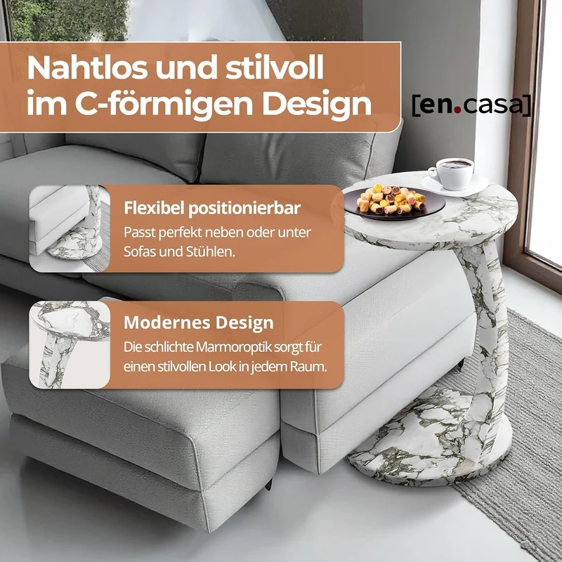 [en.casa] Beistelltisch Holeby Betttisch auf Rollen Laptoptisch Marmoroptik Cremeweiss Wohnzimmertis