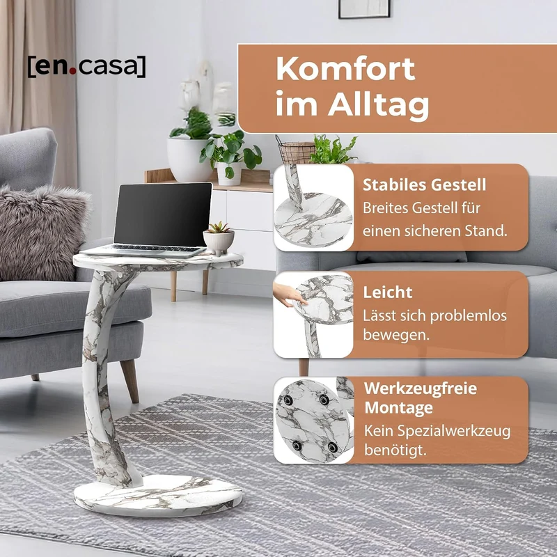 [en.casa] Beistelltisch Holeby Betttisch auf Rollen Laptoptisch Marmoroptik Cremeweiss Wohnzimmertis