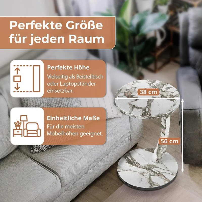 [en.casa] Beistelltisch Holeby Betttisch auf Rollen Laptoptisch Marmoroptik Cremeweiss Wohnzimmertis