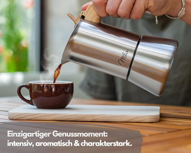 Milu Espressokocher Induktion geeignet | 2, 4, 6, 9 Tassen | Edelstahl Mokkakanne, Espressokanne, Es