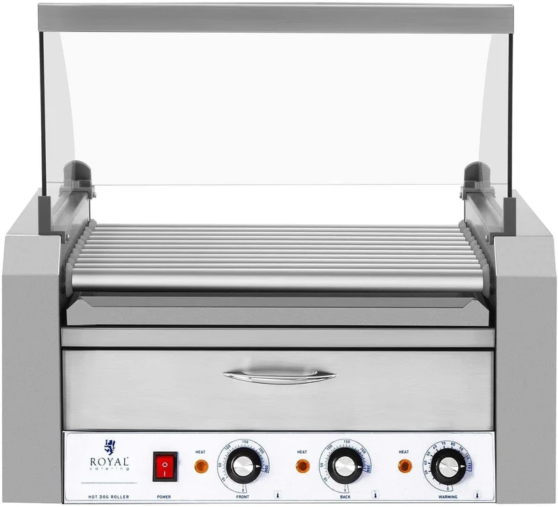 Royal Catering - Hot Dog Grill Hot Dog Maschine (11 Rollen, Edelstahl, 2.150 W, 2 Heizzonen, herausn