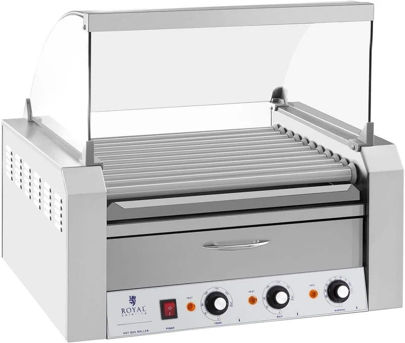 Royal Catering - Hot Dog Grill Hot Dog Maschine (11 Rollen, Edelstahl, 2.150 W, 2 Heizzonen, herausn