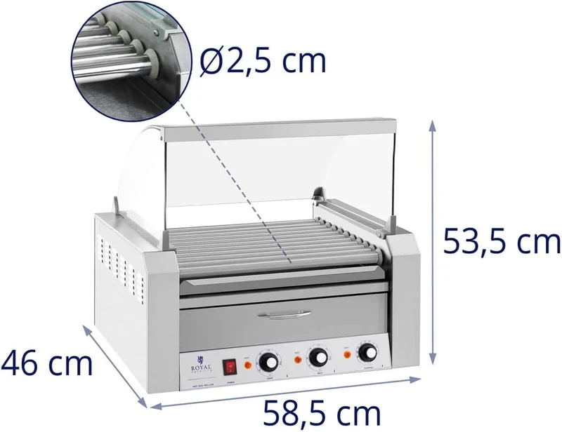 Royal Catering - Hot Dog Grill Hot Dog Maschine (11 Rollen, Edelstahl, 2.150 W, 2 Heizzonen, herausn