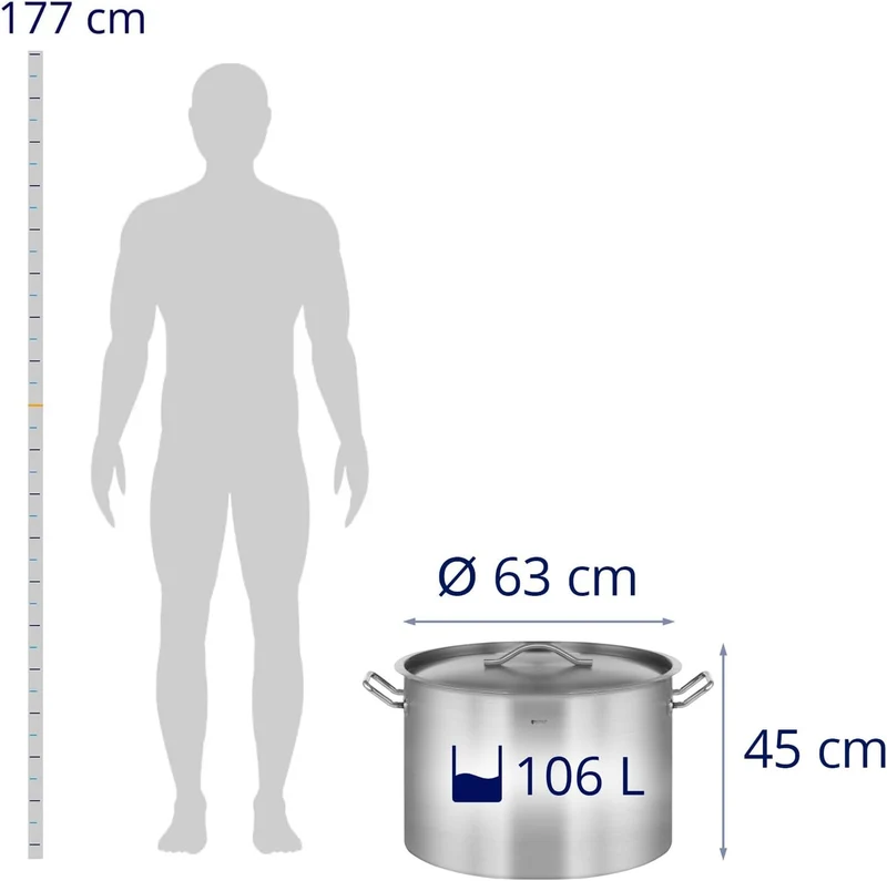 Royal Catering Kochtopf gross 106 L / 60 cm Innendurchmesser Edelstahl für alle Herdarten mit Deckel