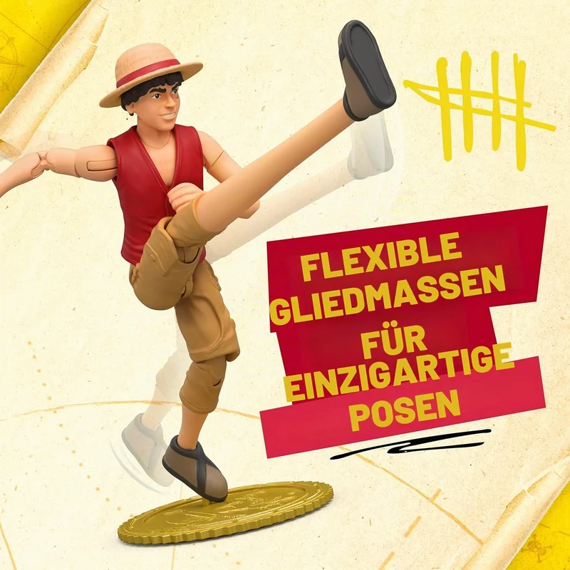 One Piece Actionfigur Monkey D. Ruffy, 15 cm, mit 6 Zubehörteilen, enthält austauschbare Arme und Be
