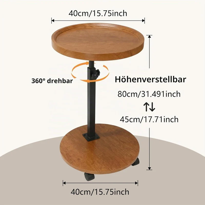 Beistelltisch, höhenverstellbar, um 360° drehbar, Nachttische mit Rollen für Sofa, Schlafzimmer, Bür