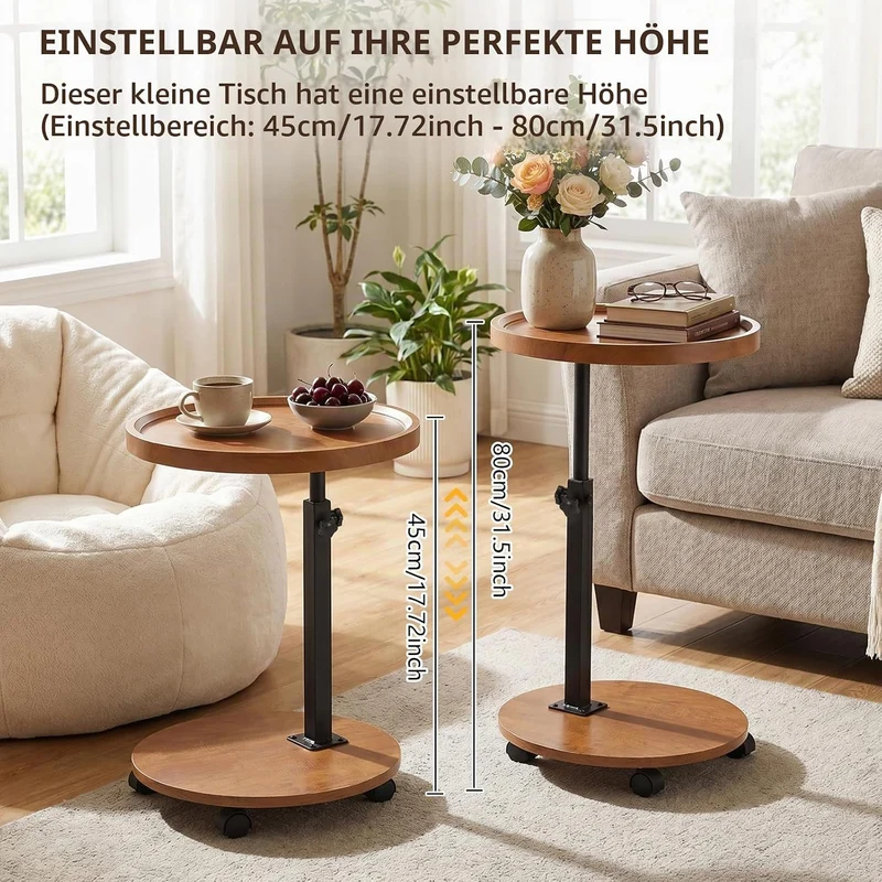 Beistelltisch, höhenverstellbar, um 360° drehbar, Nachttische mit Rollen für Sofa, Schlafzimmer, Bür
