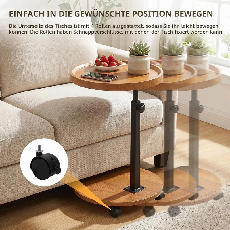 Beistelltisch, höhenverstellbar, um 360° drehbar, Nachttische mit Rollen für Sofa, Schlafzimmer, Bür