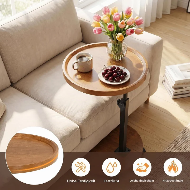 Beistelltisch, höhenverstellbar, um 360° drehbar, Nachttische mit Rollen für Sofa, Schlafzimmer, Bür