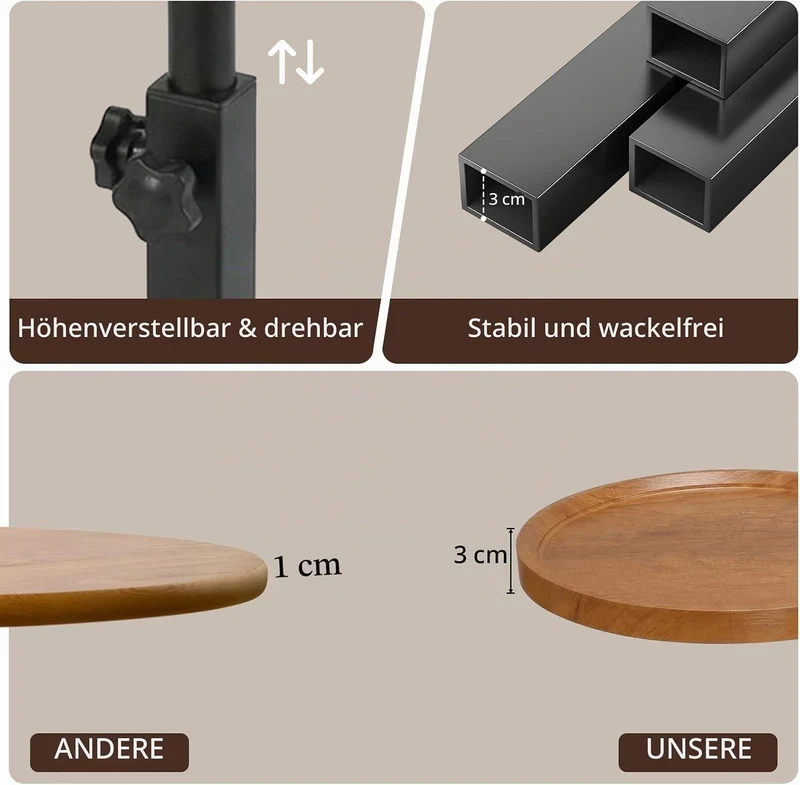 Beistelltisch, höhenverstellbar, um 360° drehbar, Nachttische mit Rollen für Sofa, Schlafzimmer, Bür
