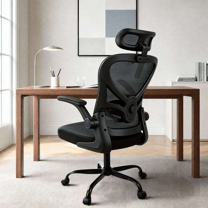 ALAULM Ergonomischer Bürostuhl mit Verstellbarer Lendenwirbelstütze und um 90° hochklappbaren Armleh