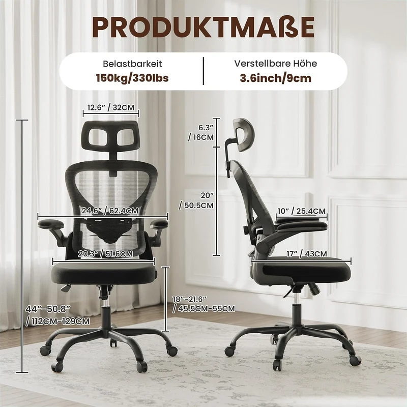 ALAULM Ergonomischer Bürostuhl mit Verstellbarer Lendenwirbelstütze und um 90° hochklappbaren Armleh