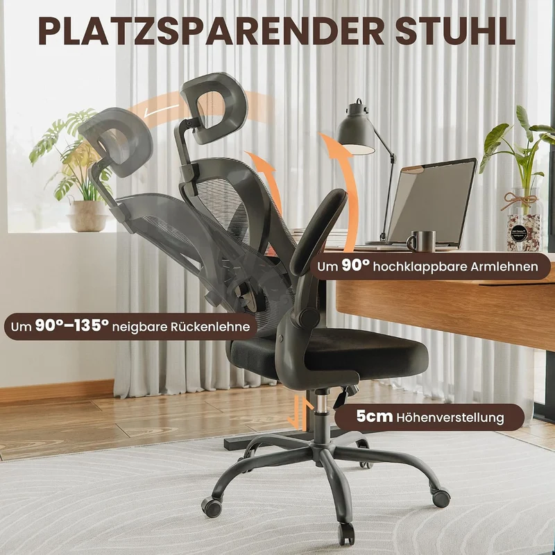 ALAULM Ergonomischer Bürostuhl mit Verstellbarer Lendenwirbelstütze und um 90° hochklappbaren Armleh