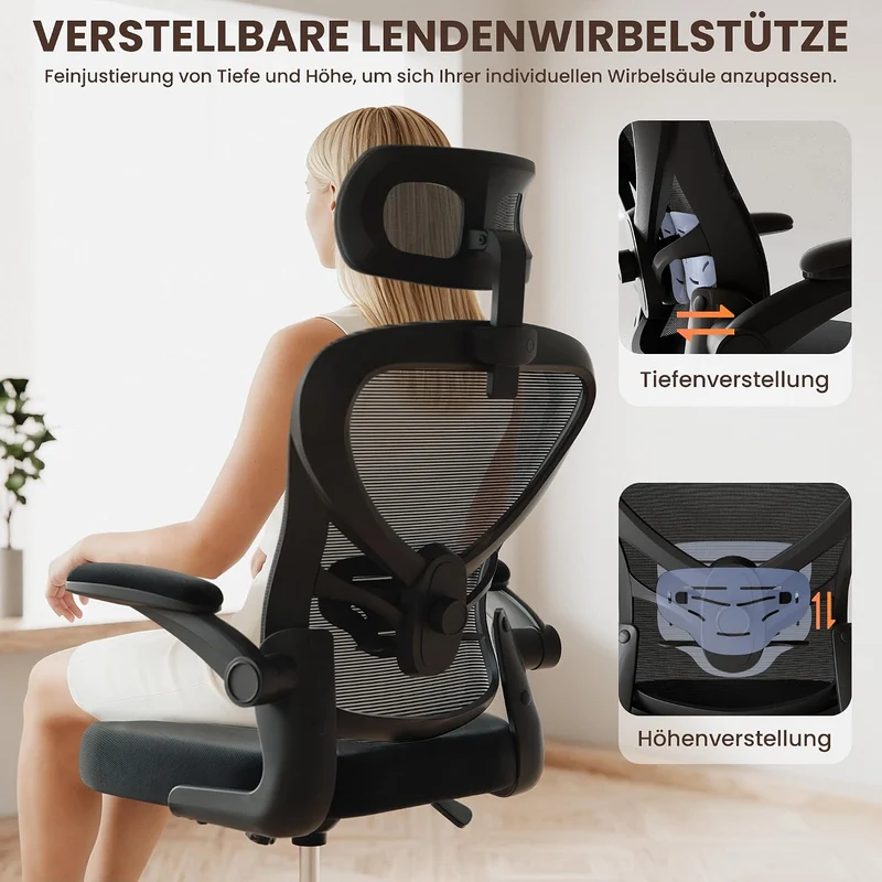ALAULM Ergonomischer Bürostuhl mit Verstellbarer Lendenwirbelstütze und um 90° hochklappbaren Armleh