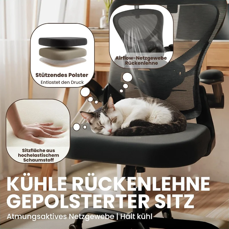ALAULM Ergonomischer Bürostuhl mit Verstellbarer Lendenwirbelstütze und um 90° hochklappbaren Armleh