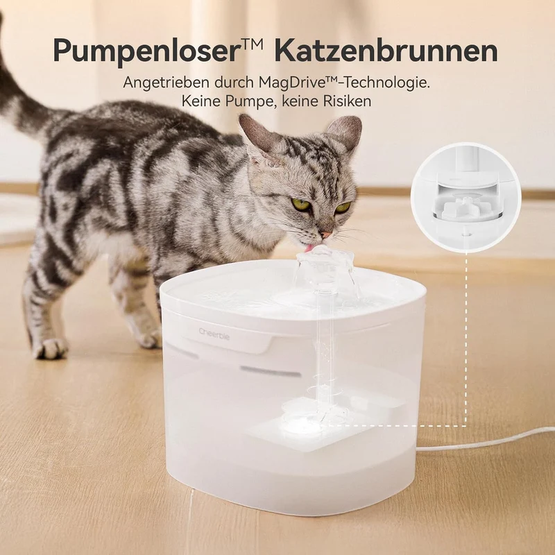 Cheerble E1 Lite Katzenbrunnen, Pumpenlos, 23 dB leise, 2 L, BPA-frei PP Weiss, PP Weiss