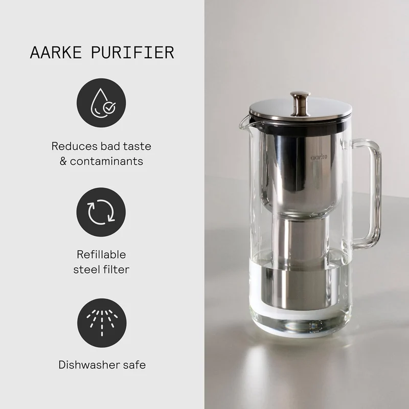 Aarke Purifier, Wasserfilterkanne aus Glas und Edelstahl (2,4 L / 10 Tassen) + 3er-Pack Pure Filter-