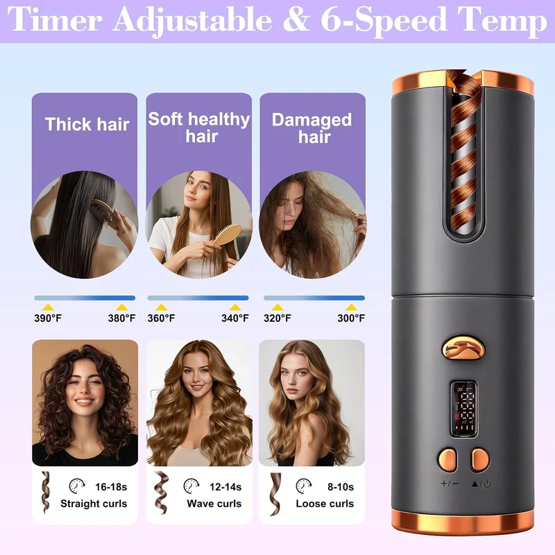 Automatischer Lockenstab mit LCD-Display, automatischer Haarcurler mit 6 Temperatureinstellungen und