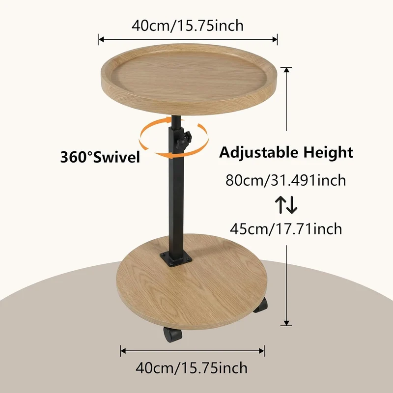 Beistelltisch, höhenverstellbar, um 360° drehbar, Nachttische mit Rollen für Sofa, Schlafzimmer, Bür