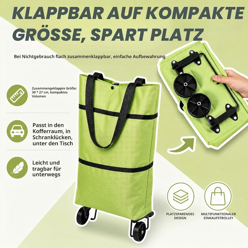 2 in 1 Einkaufstrolley Klappbar, Faltbare Einkaufstasche mit 2 Rollen, Grün