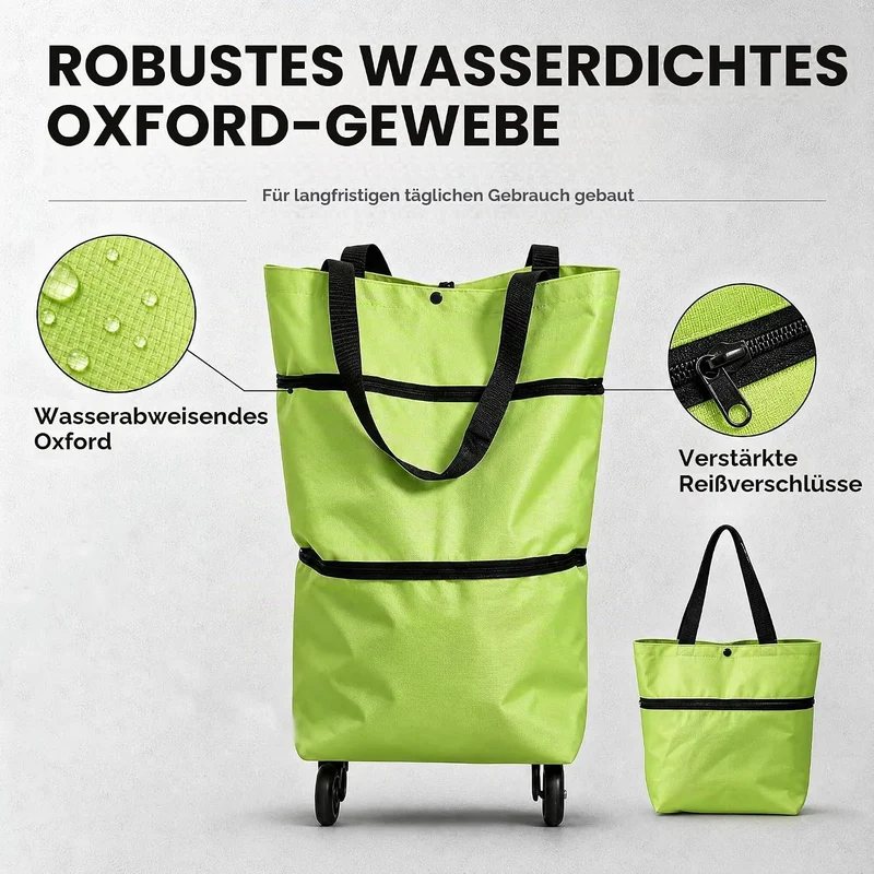 2 in 1 Einkaufstrolley Klappbar, Faltbare Einkaufstasche mit 2 Rollen, Grün